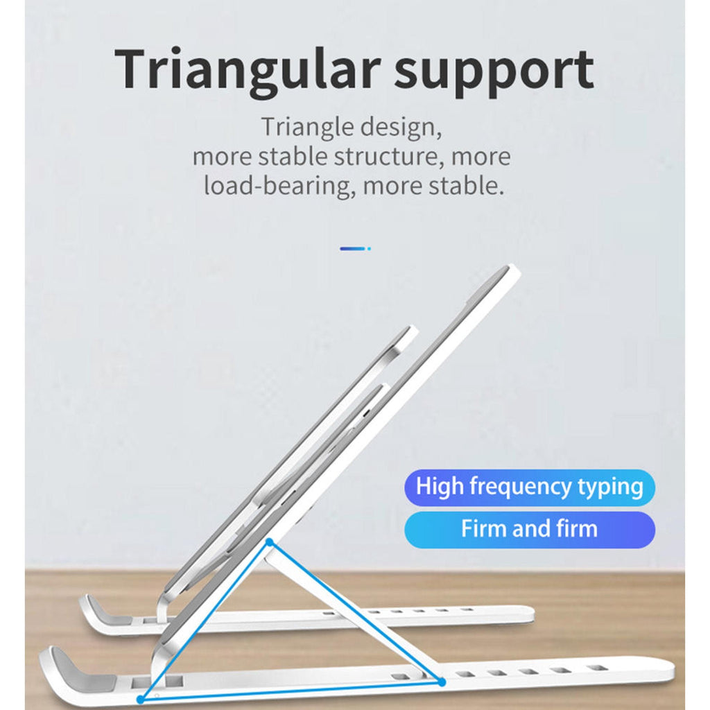 Adjustable laptop stand holding a laptop at raised height
