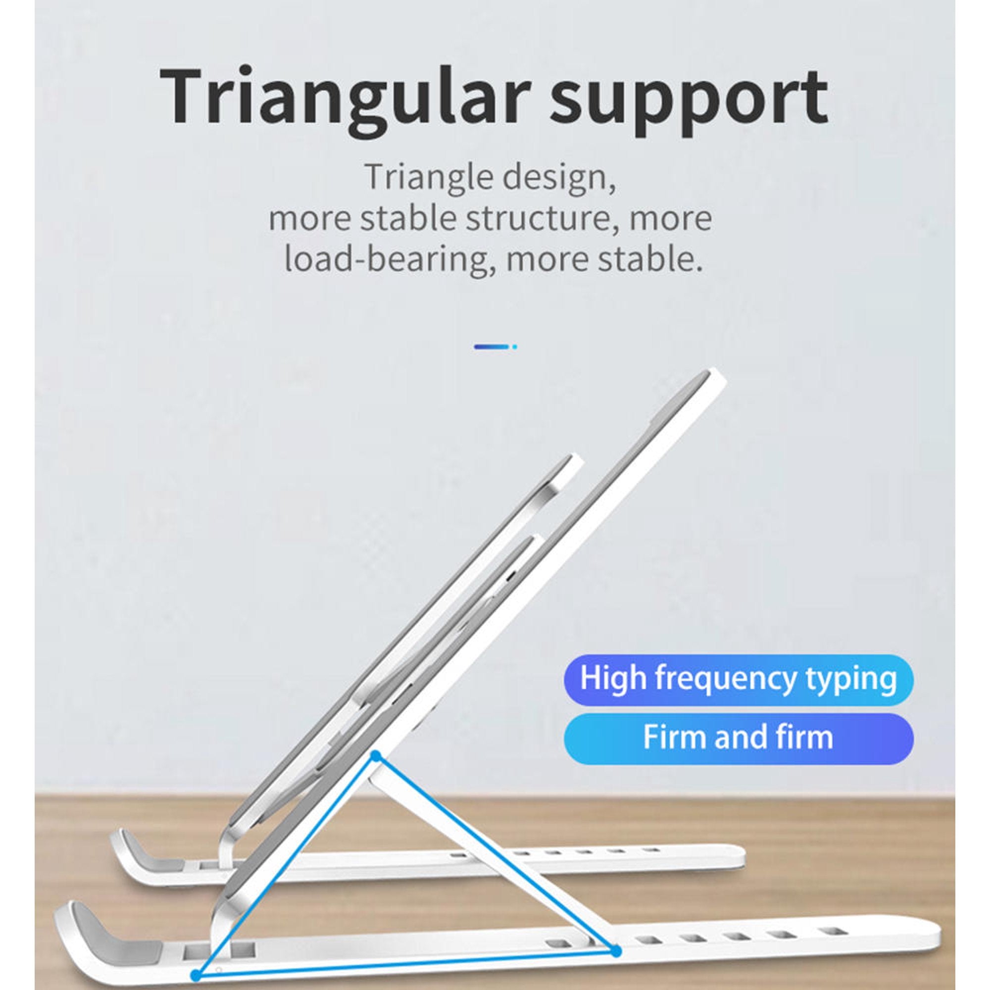 Adjustable laptop stand holding a laptop at raised height