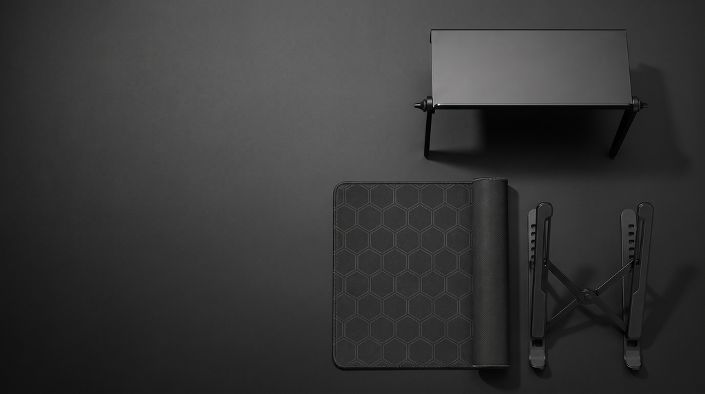 The Complete Setup — screen-top shelf, hex desk mat and adjustable laptop stand, top-down