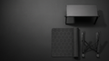 The Complete Setup — screen-top shelf, hex desk mat and adjustable laptop stand, top-down